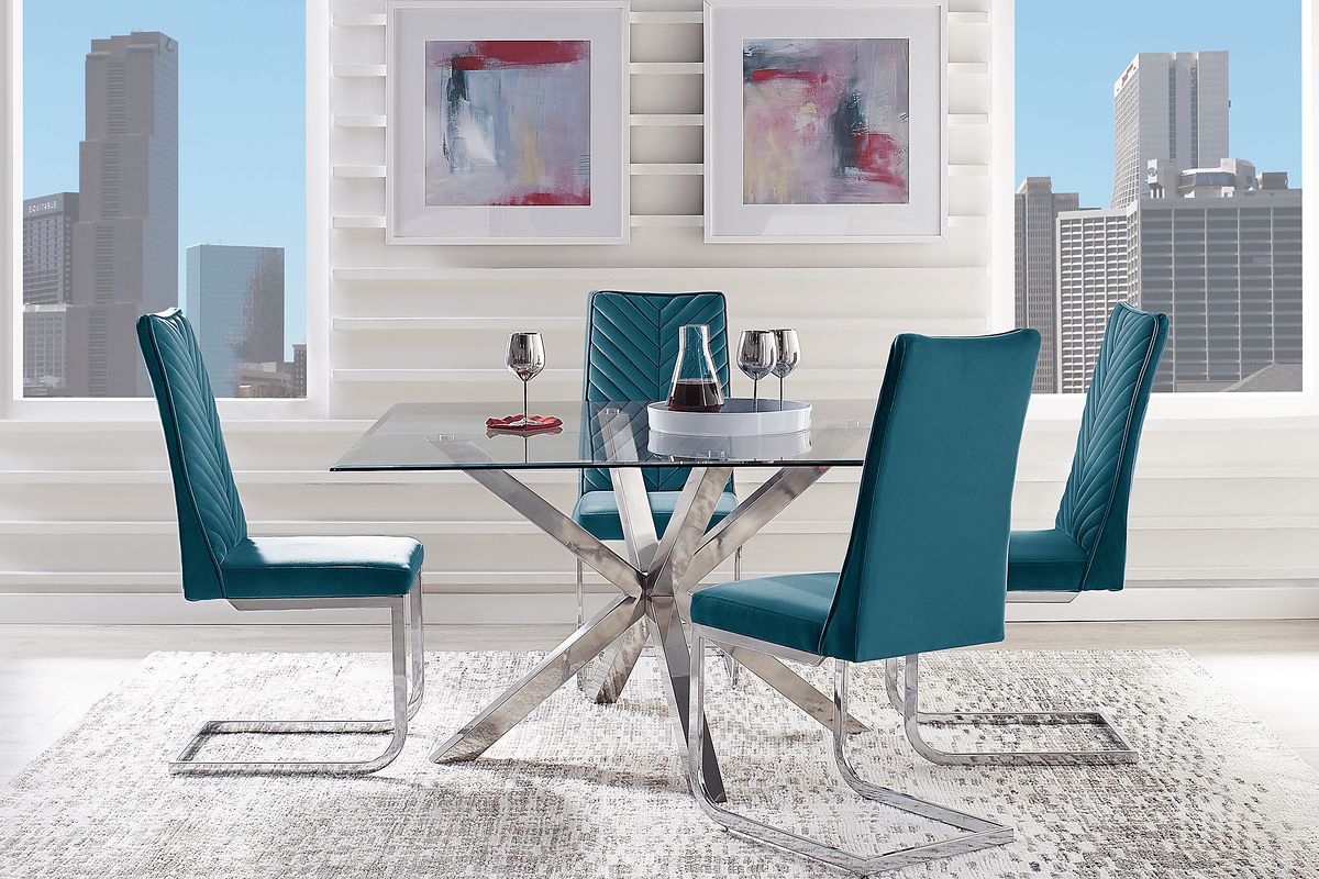 Linton Park 5 Pc Chrome Metal Blue Dining Room Set With Square Dining ...