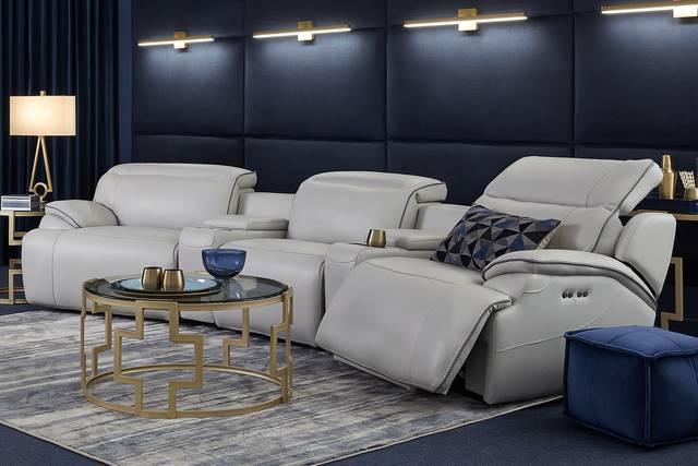 Livata Gray Leather 8 Pc Dual Power Reclining Home Theater Sectional Living Room - Thumbnail - Image 1