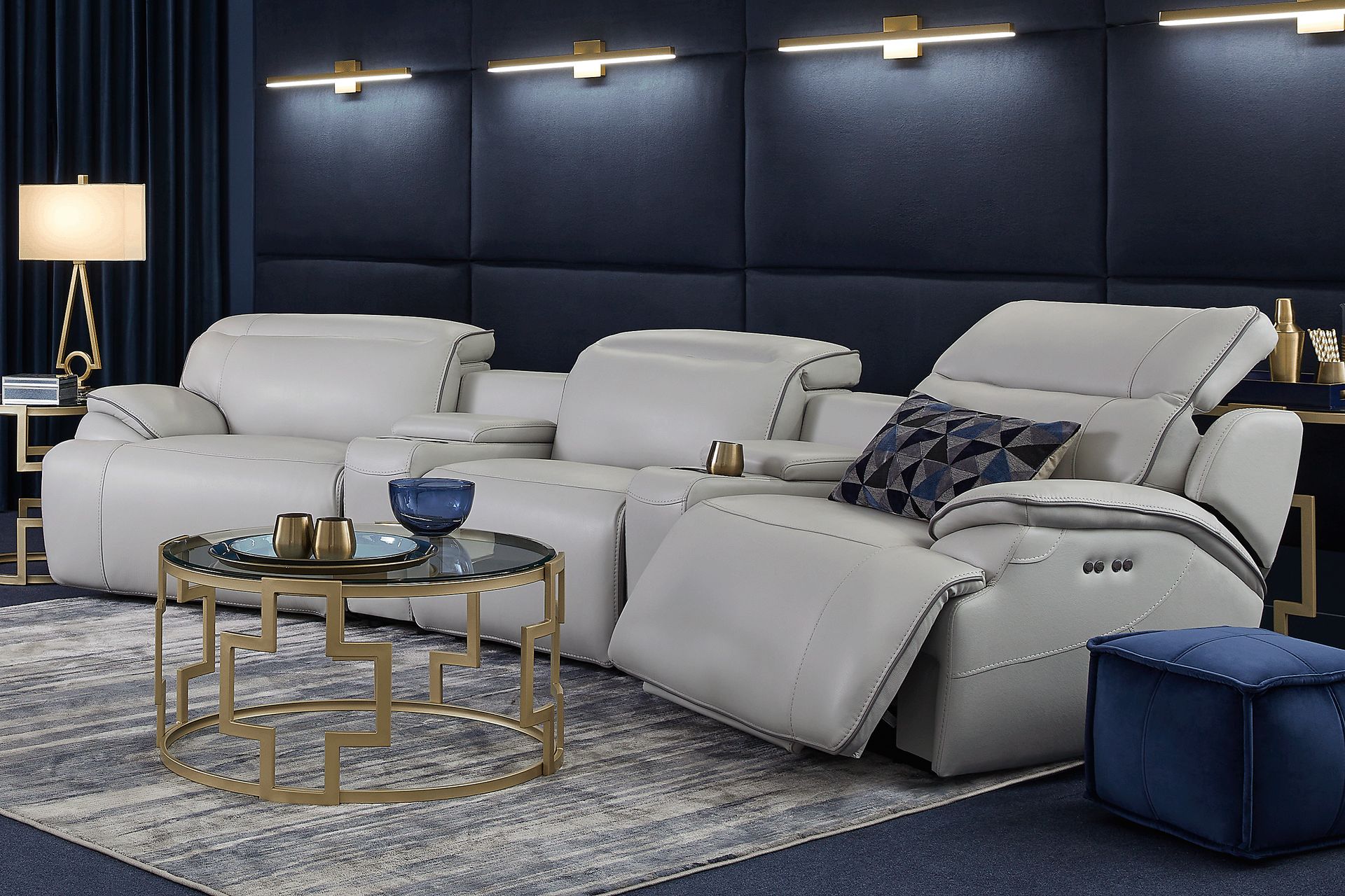 Livata Gray Leather 8 Pc Dual Power Reclining Home Theater Sectional Living Room - Image 1