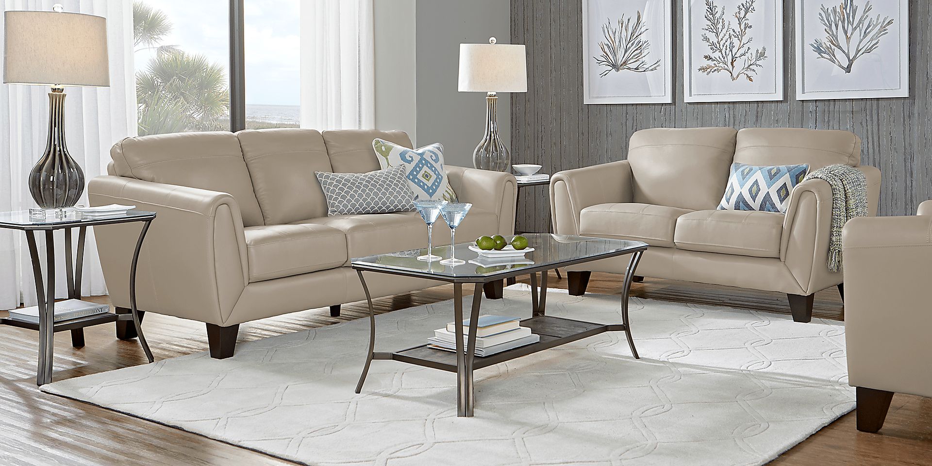 Livorno 5 Pc Beige Leather Living Room Set With Sofa, Loveseat, 3 Pc ...
