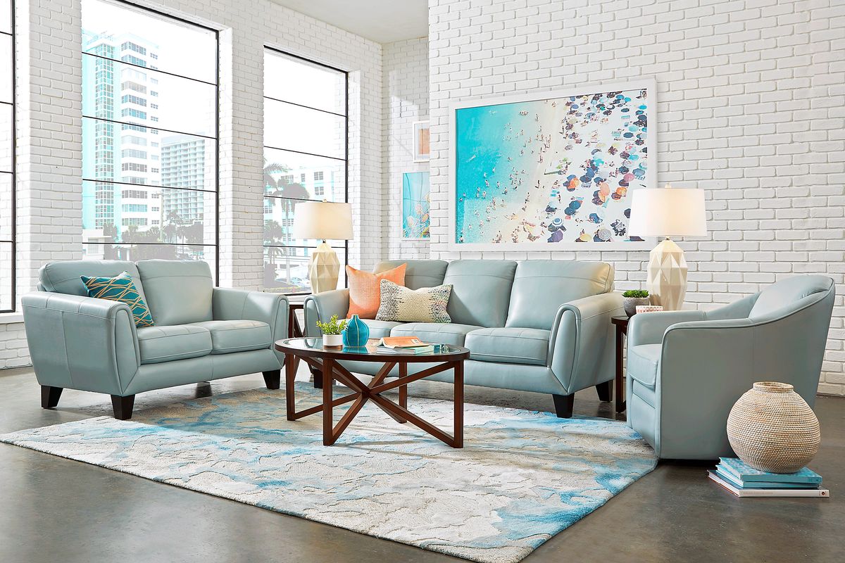 Livorno Lane 3 Pc Aqua Blue Leather Living Room Set With Sofa, Loveseat ...