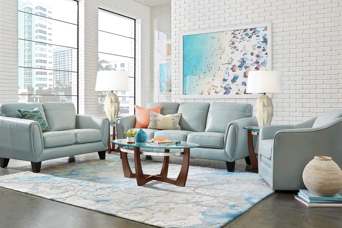 Livorno Lane 5 Pc Aqua Blue Leather Living Room Set With Sofa, Loveseat ...