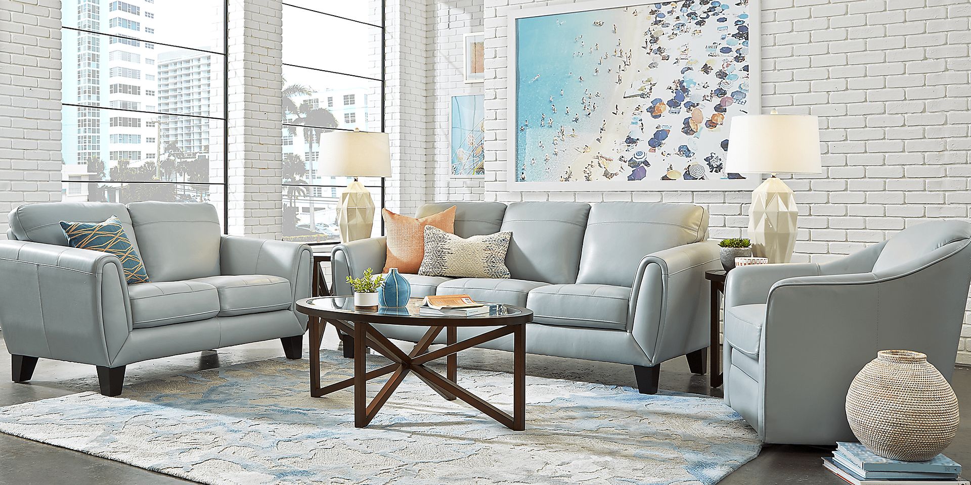 Livorno Lane Aqua Leather 8 Pc Living Room - Image 1