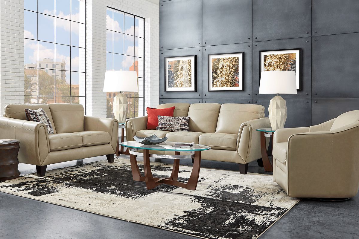 Livorno Lane 5 Pc Stone Beige Leather Living Room Set With Sofa ...