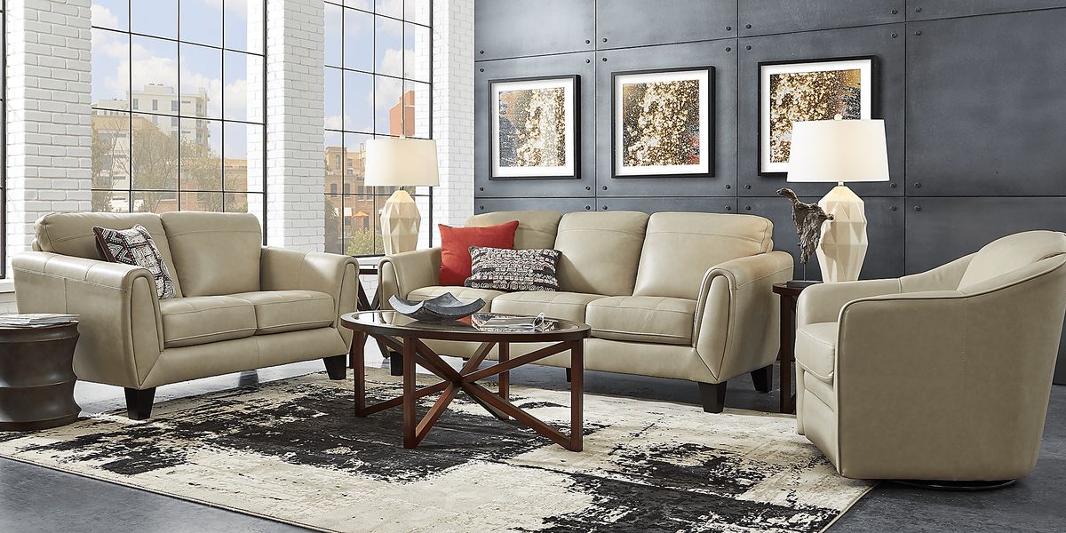 Livorno Lane 5 Pc Stone Beige Leather Living Room Set With Sofa ...
