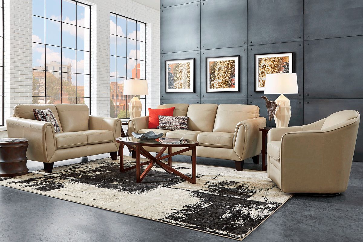 Livorno Lane 7 Pc Stone Beige Leather Living Room Set With Sofa ...