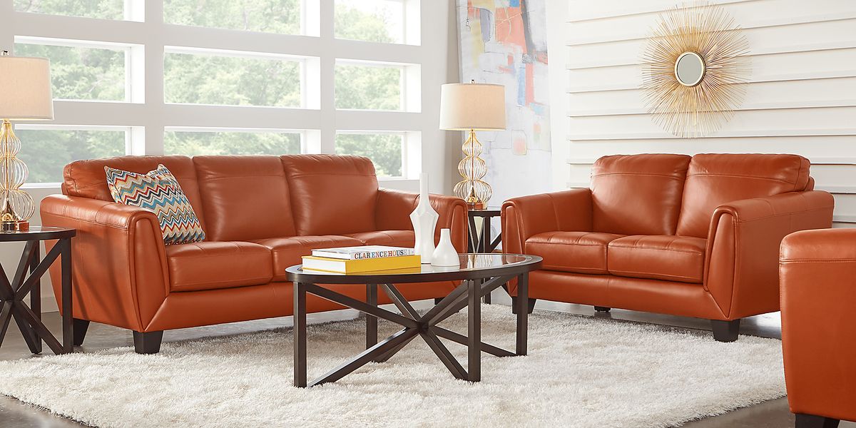 Orange leather deals sofa and loveseat