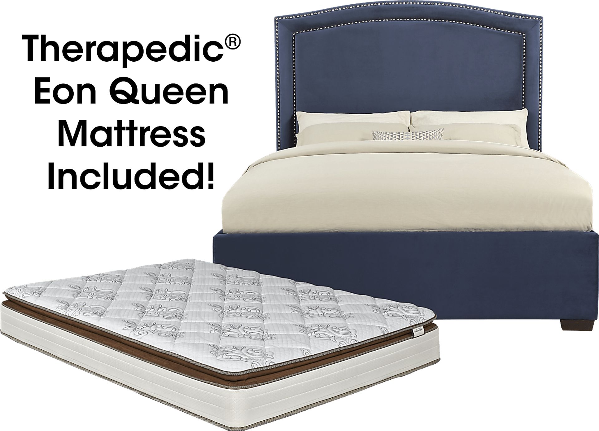 Loden Navy 5 Pc Upholstered Queen Bed and Mattress Set - Image 1