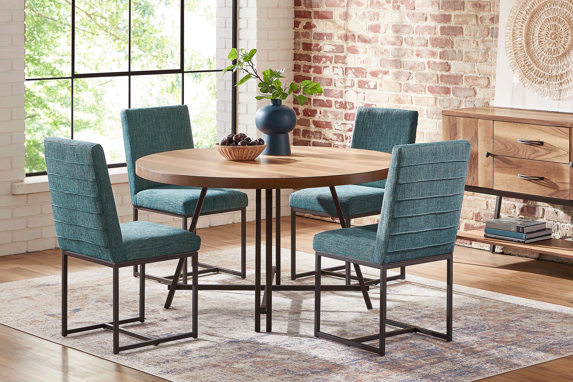Loft Side Brown 5 Pc Round Dining Room with Teal Chairs - Image 1