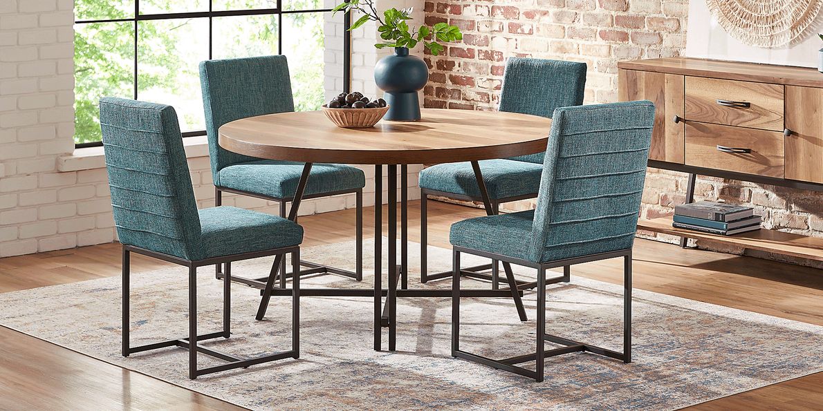 Loft Side Brown 5 Pc Round Dining Room with Teal Chairs