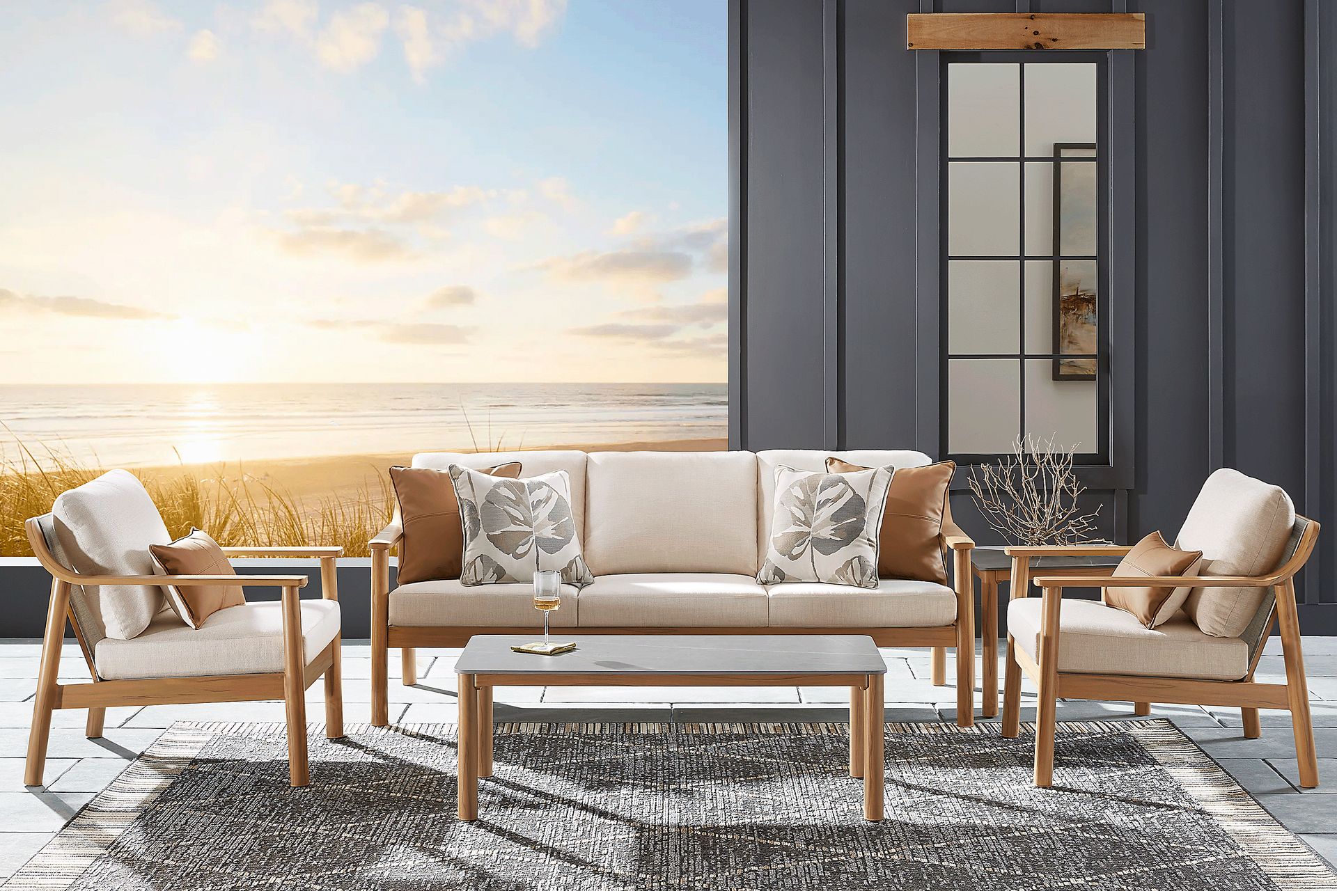 Logen Natural 3 Pc Outdoor Seating Set with Beige Cushions - Image 1