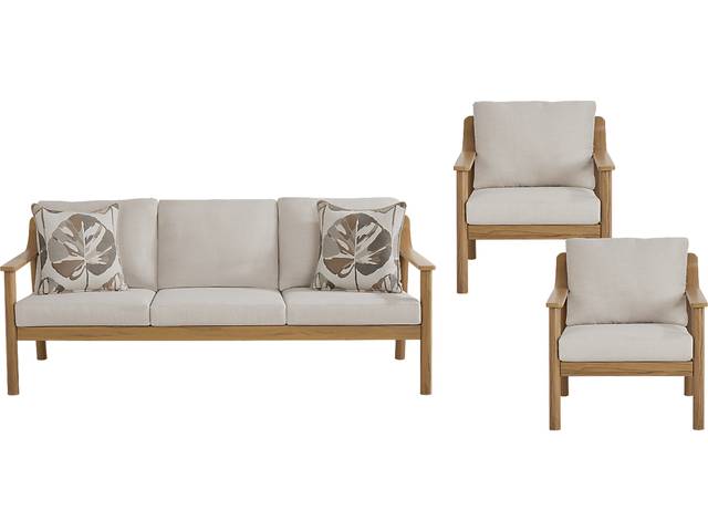 Logen Natural 3 Pc Outdoor Seating Set with Beige Cushions - Thumbnail - Image 1
