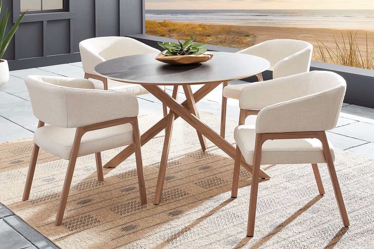 Logen 5 Pc Natural Light Wood Aluminum Outdoor Dining Set With Dining