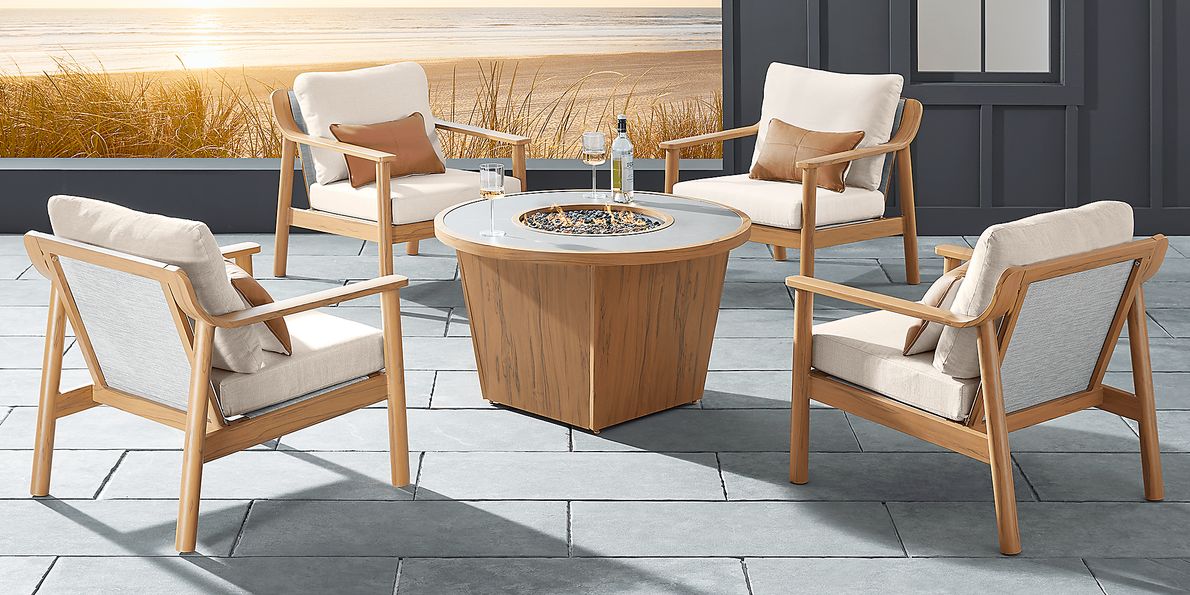 Logen Natural 5 Pc Round Outdoor Fire Pit Seating Set with Beige Cushions
