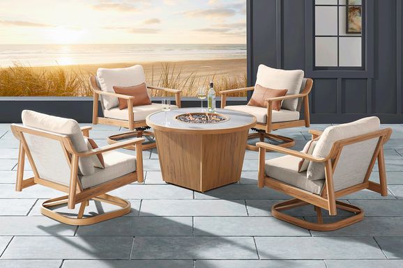 Logen Natural 5 Pc Round Outdoor Fire Pit Seating Set with Beige Cushions