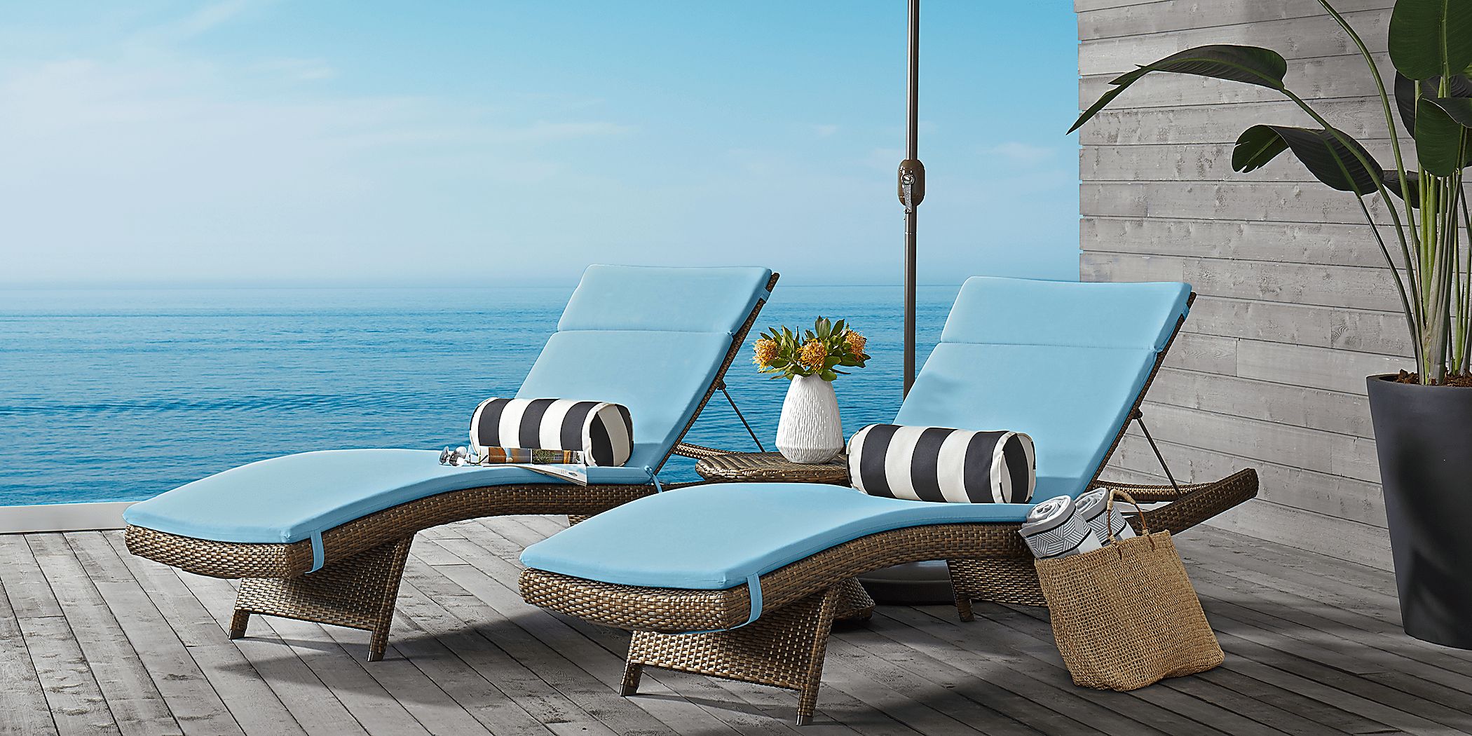 Luna Lake Brown Outdoor Chaise with Aqua Cushions, Set of 2 Rooms To Go