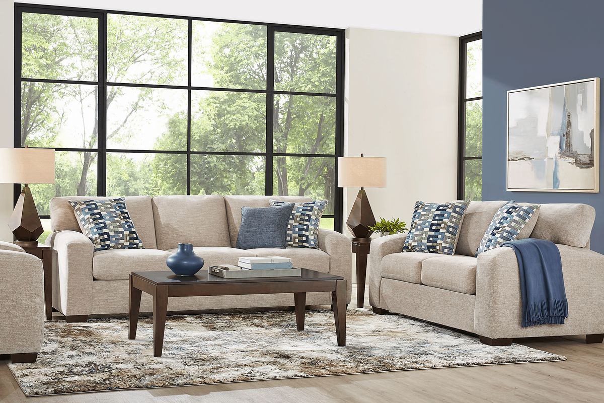 Lynwood 5 Pc Beige Woven Living Room Set With Sofa, Stationary Loveseat ...