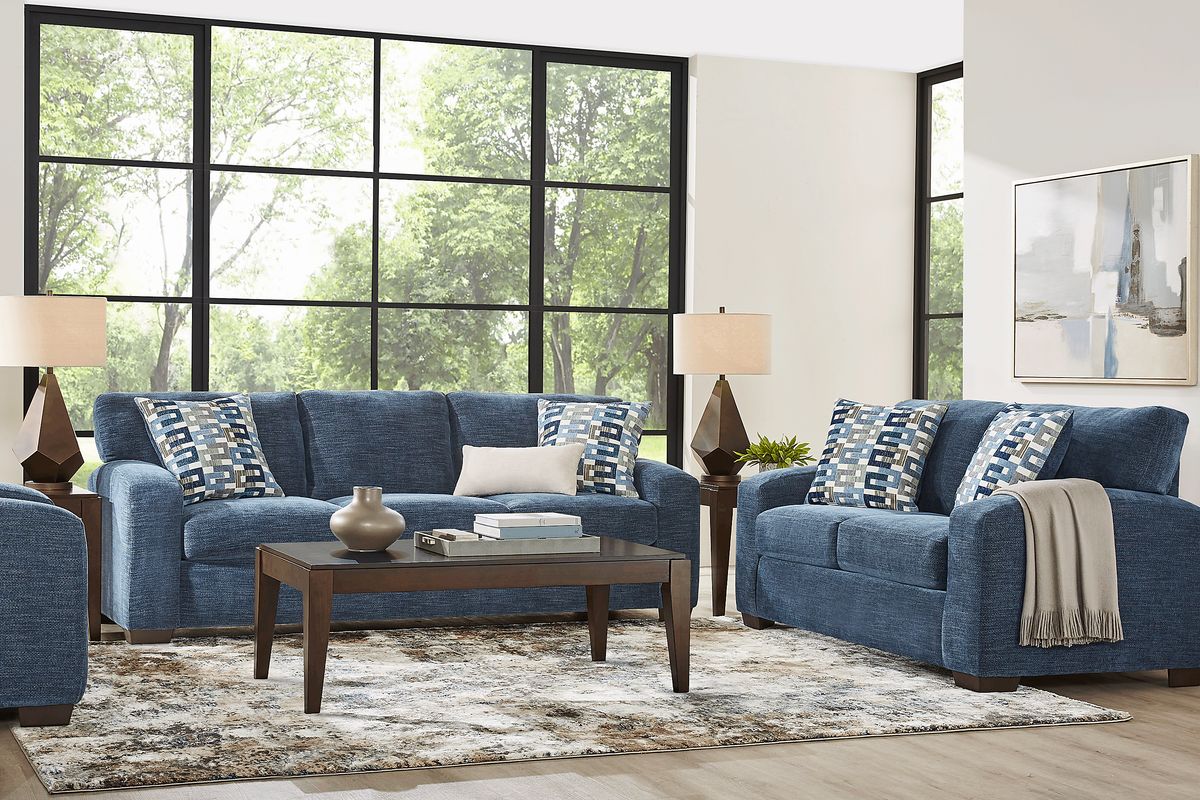 Lynwood 5 Pc Blue Woven Living Room Set With Sofa, Stationary Loveseat ...