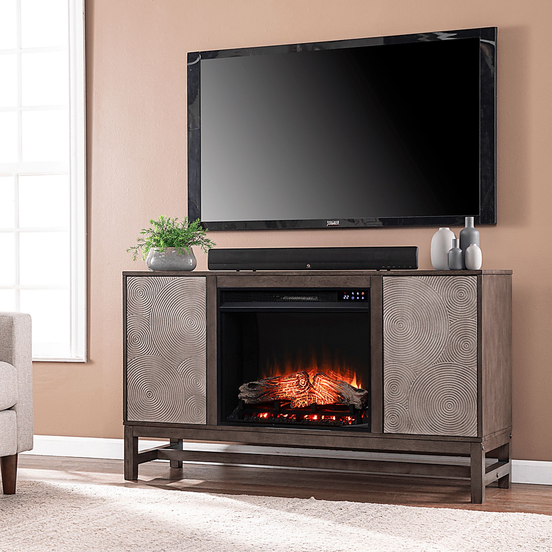 Lysander IV Brown 54 in. Console, With Touch Panel Electric Log Fireplace - Image 5