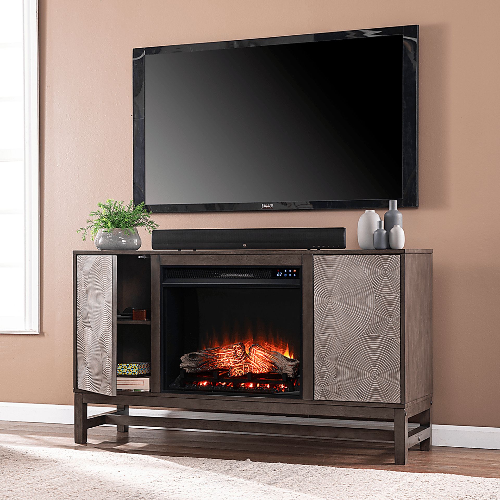 Lysander IV Brown 54 in. Console, With Touch Panel Electric Log Fireplace - Image 6