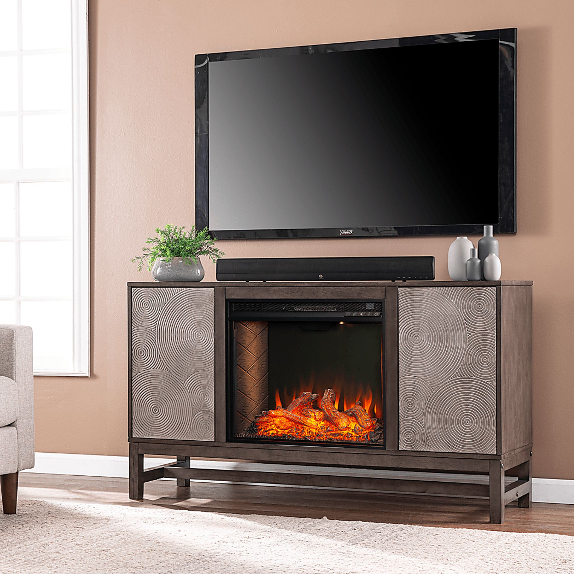 Lysander III Brown 54 in. Console, With Smart Electric Fireplace - Image 5