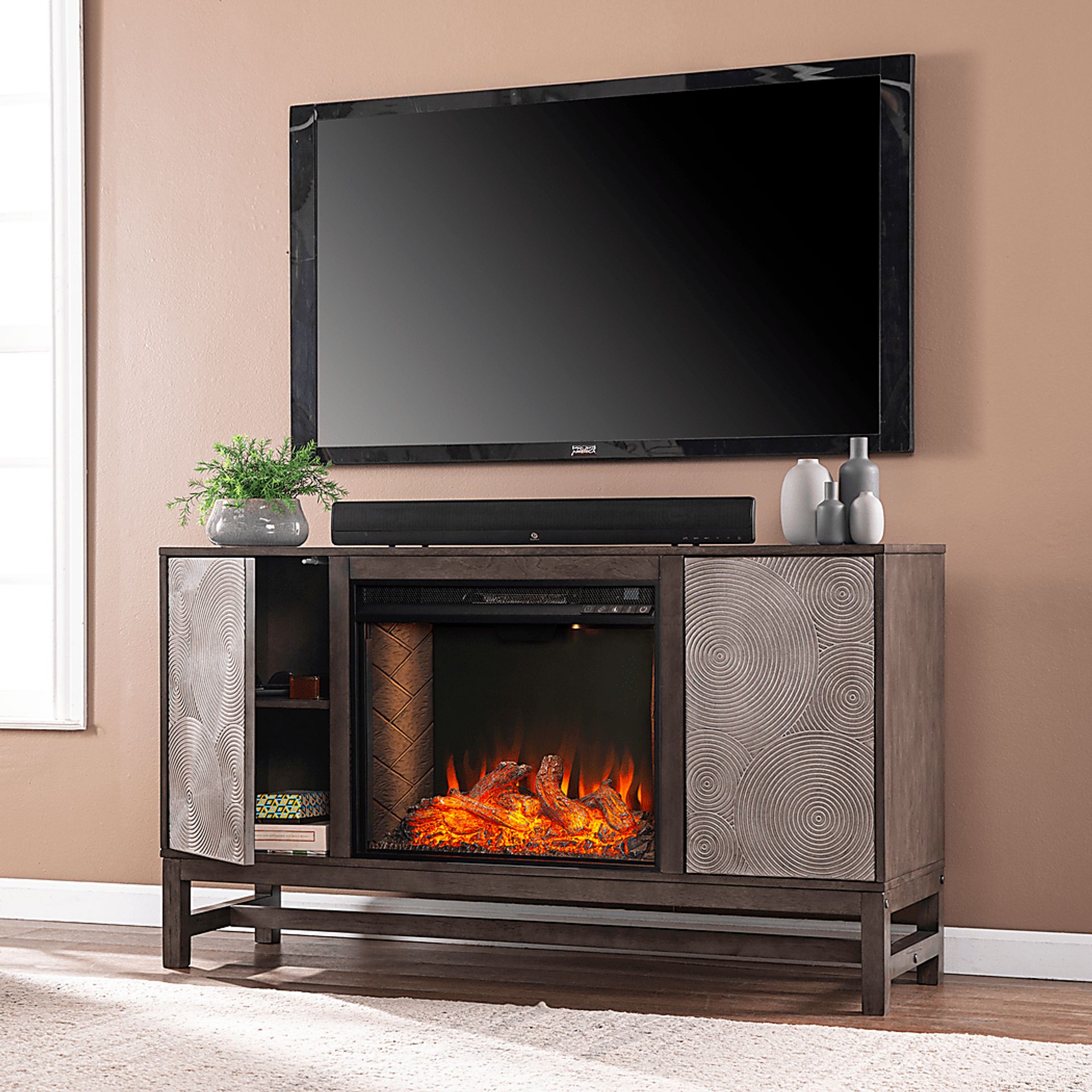 Lysander III Brown 54 in. Console, With Smart Electric Fireplace - Image 6