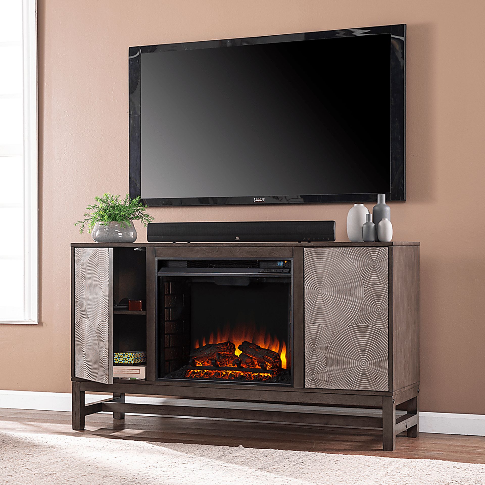 Lysander II Brown 54 in. Console With Electric Log Fireplace - Image 7