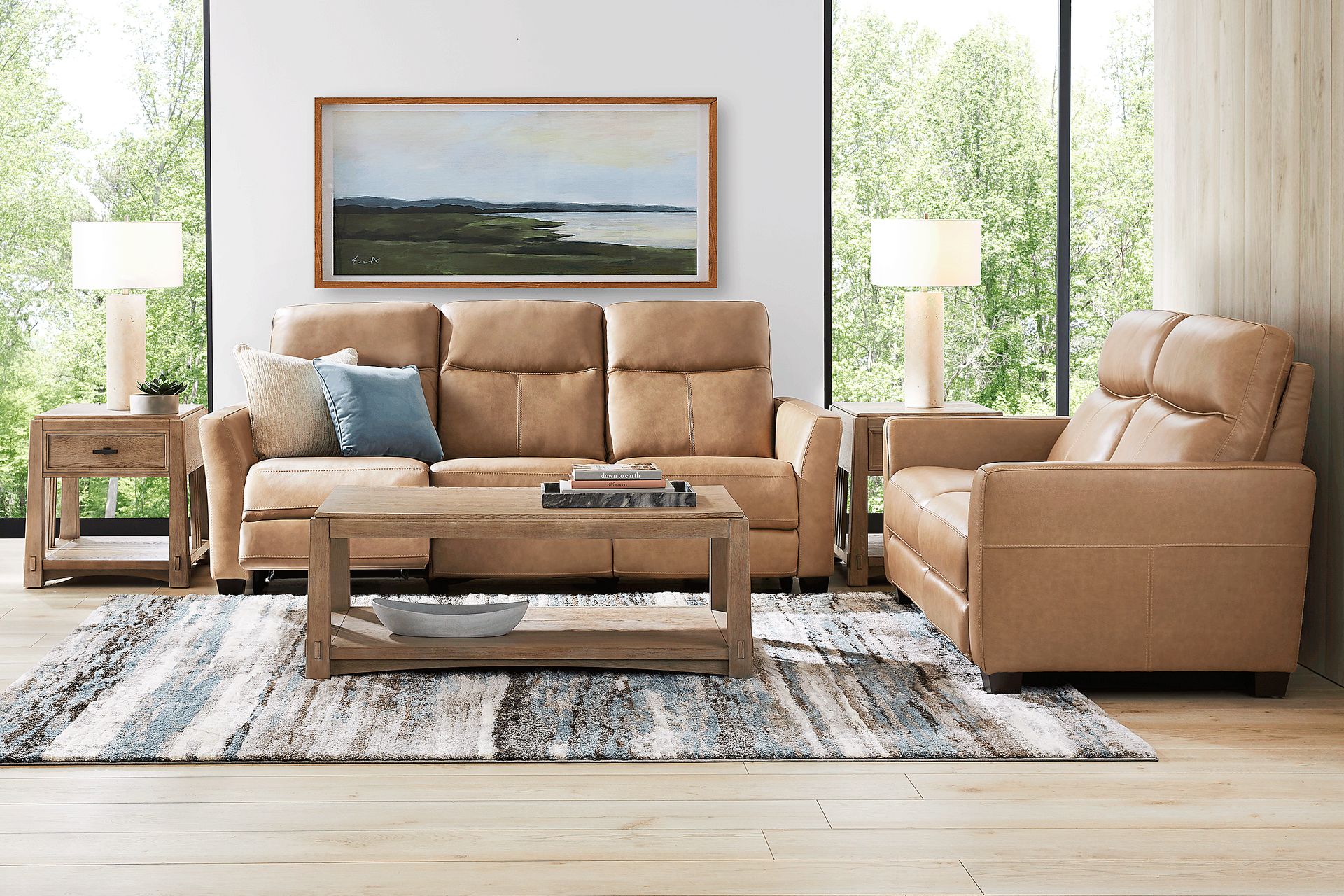 Maestro Sand Leather 5 Pc Living Room with Dual Power Reclining Sofa - Image 1