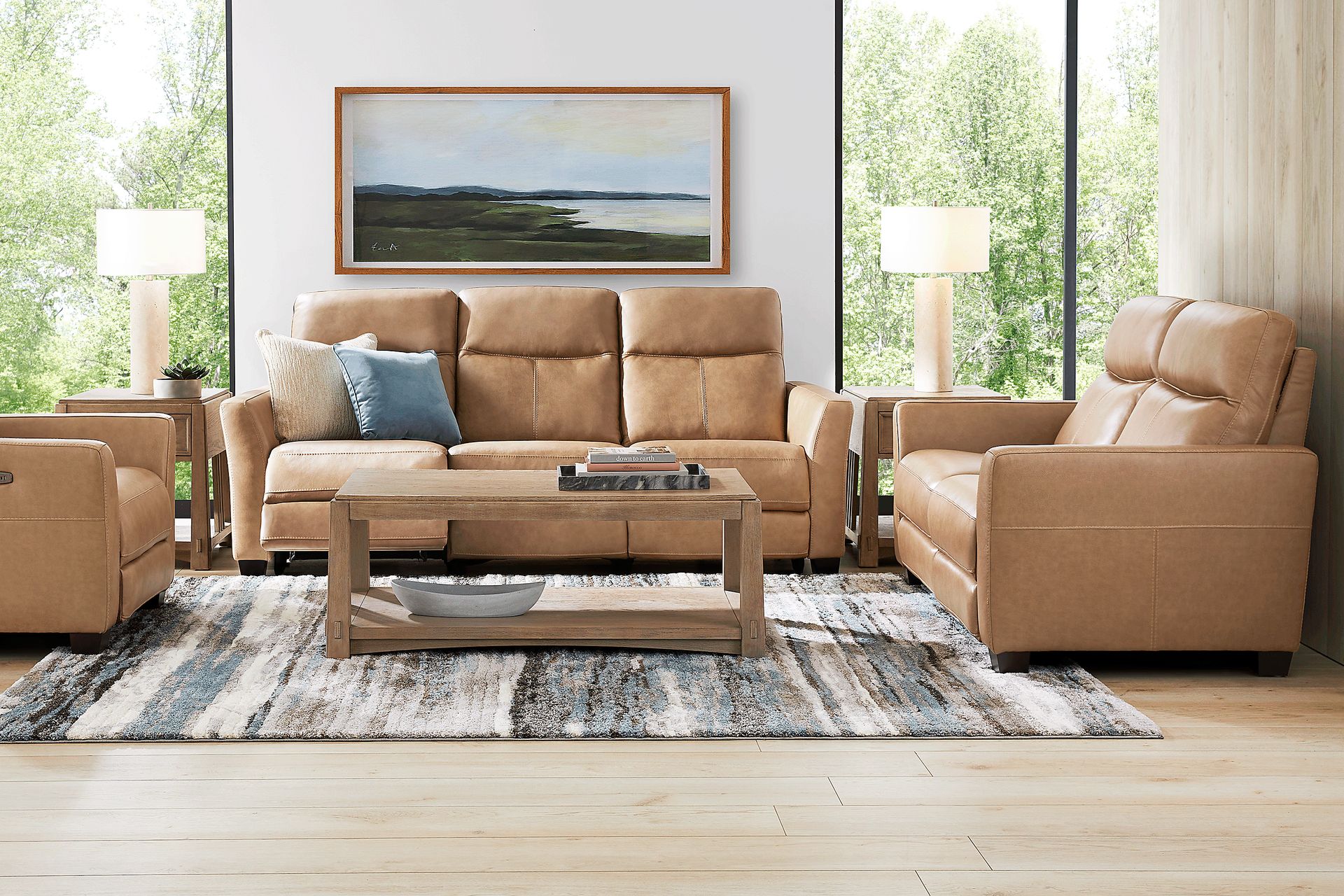 Maestro Sand Leather 7 Pc Living Room with Dual Power Reclining Sofa - Image 1