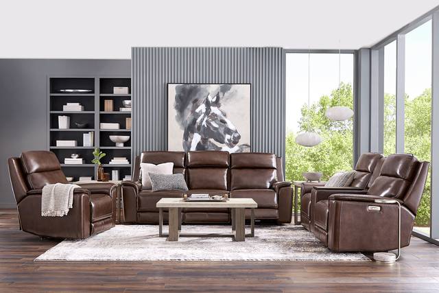 Magellan Chocolate 5 Pc Leather Dual Power Reclining Living Room - Thumbnail - Image 1