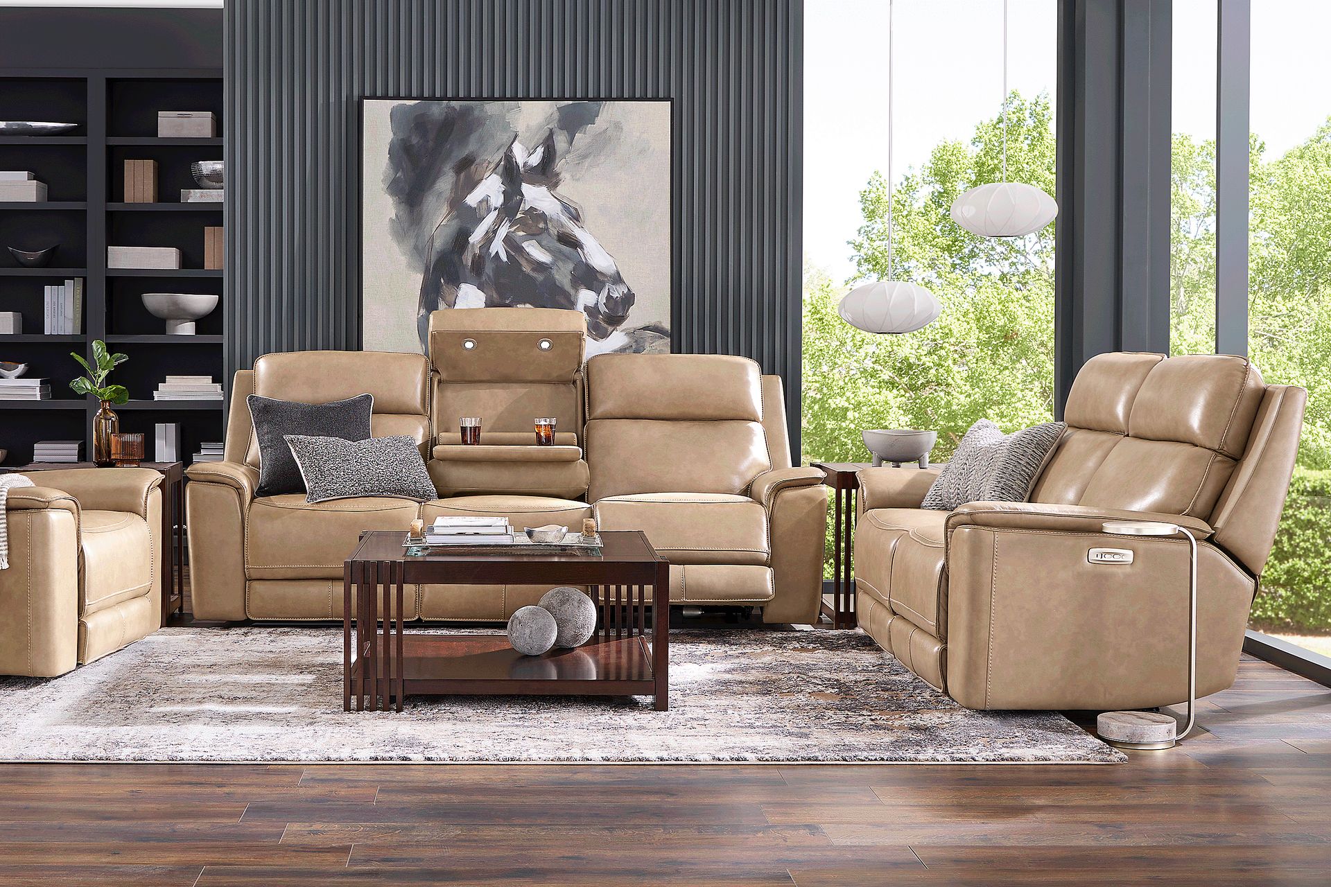 Magellan Sand 5 Pc Leather Dual Power Reclining Living Room - Image 1