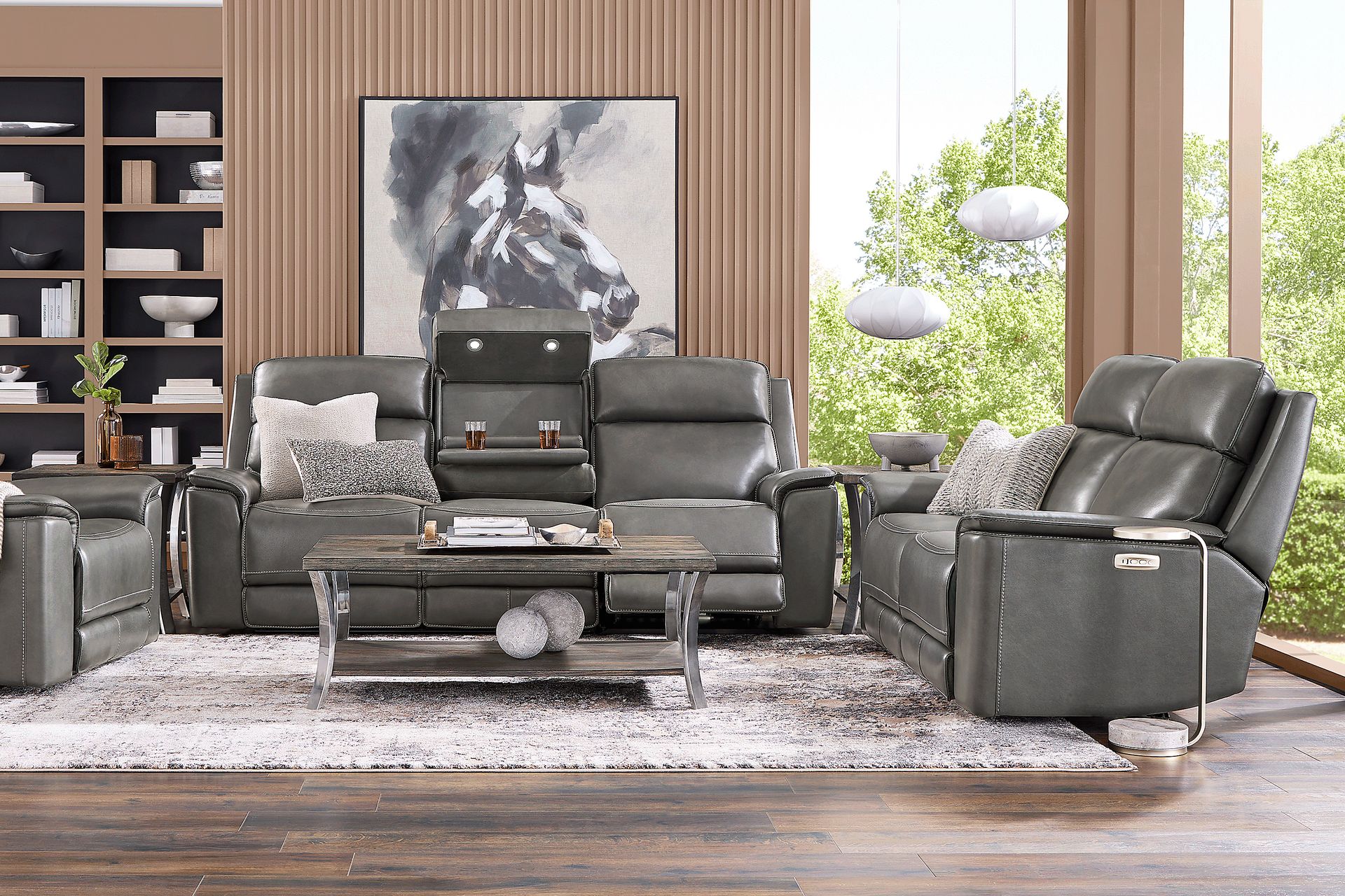 Magellan Smoke 5 Pc Leather Dual Power Reclining Living Room - Image 1