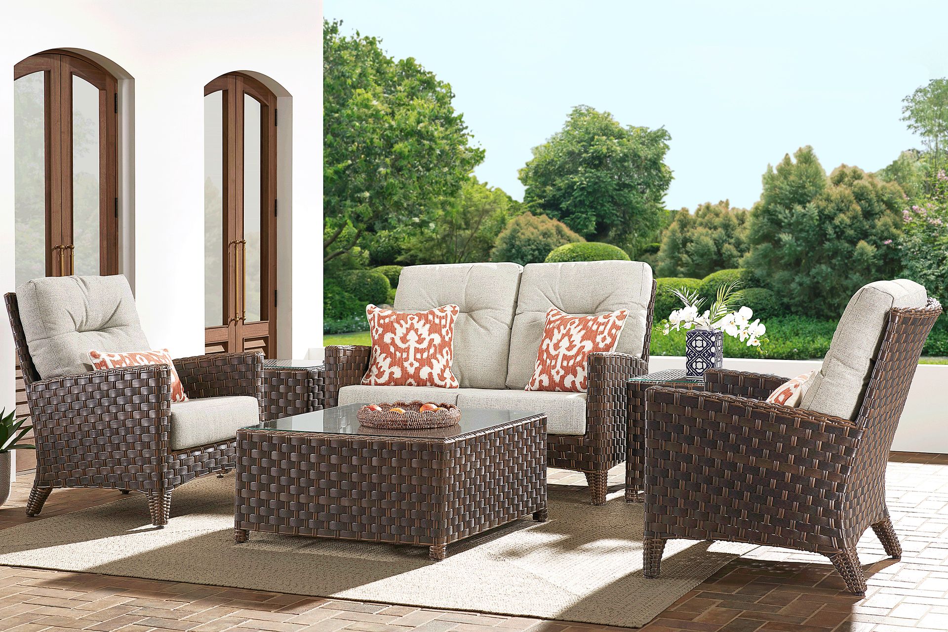 Mantra Brown 4 Pc Outdoor Loveseat Seating Set with Ash Cushions - Image 1