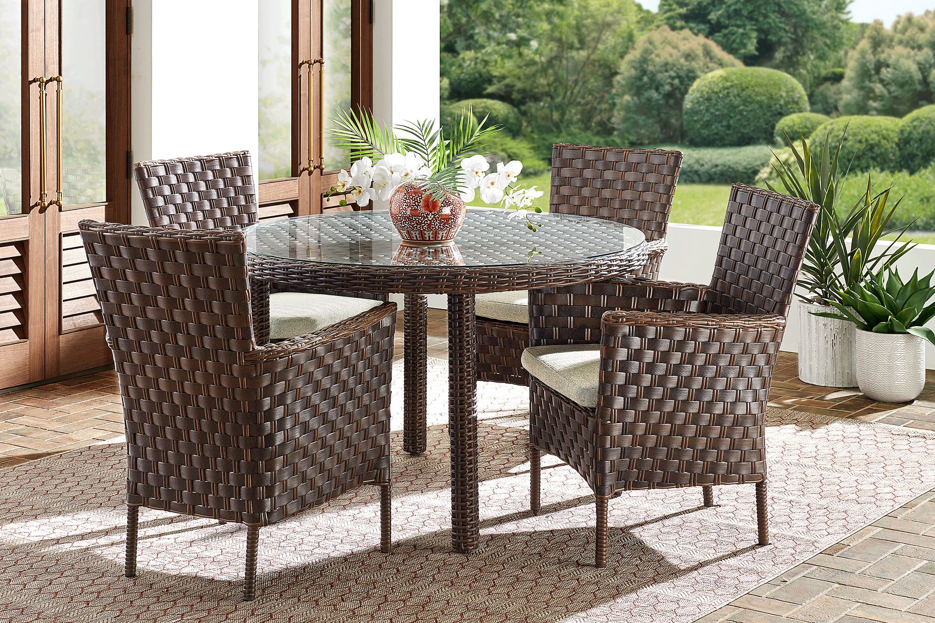 Mantra Brown 5 Pc Round Outdoor Dining Set with Ash Cushions - Image 1