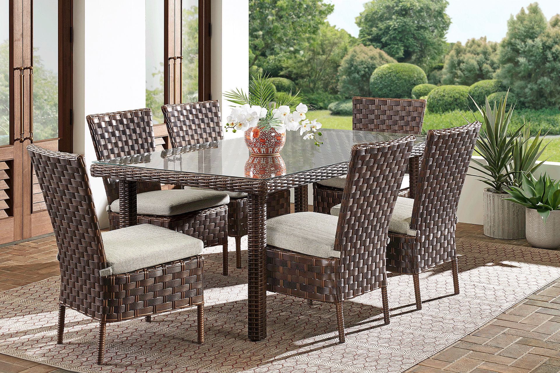 Mantra Brown 7 Pc Outdoor Dining Set with Ash Cushions - Image 1