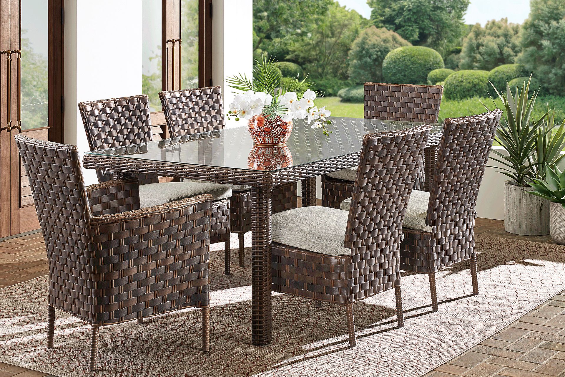 Mantra Brown 7 Pc Outdoor Dining Set with Ash Cushions - Image 1