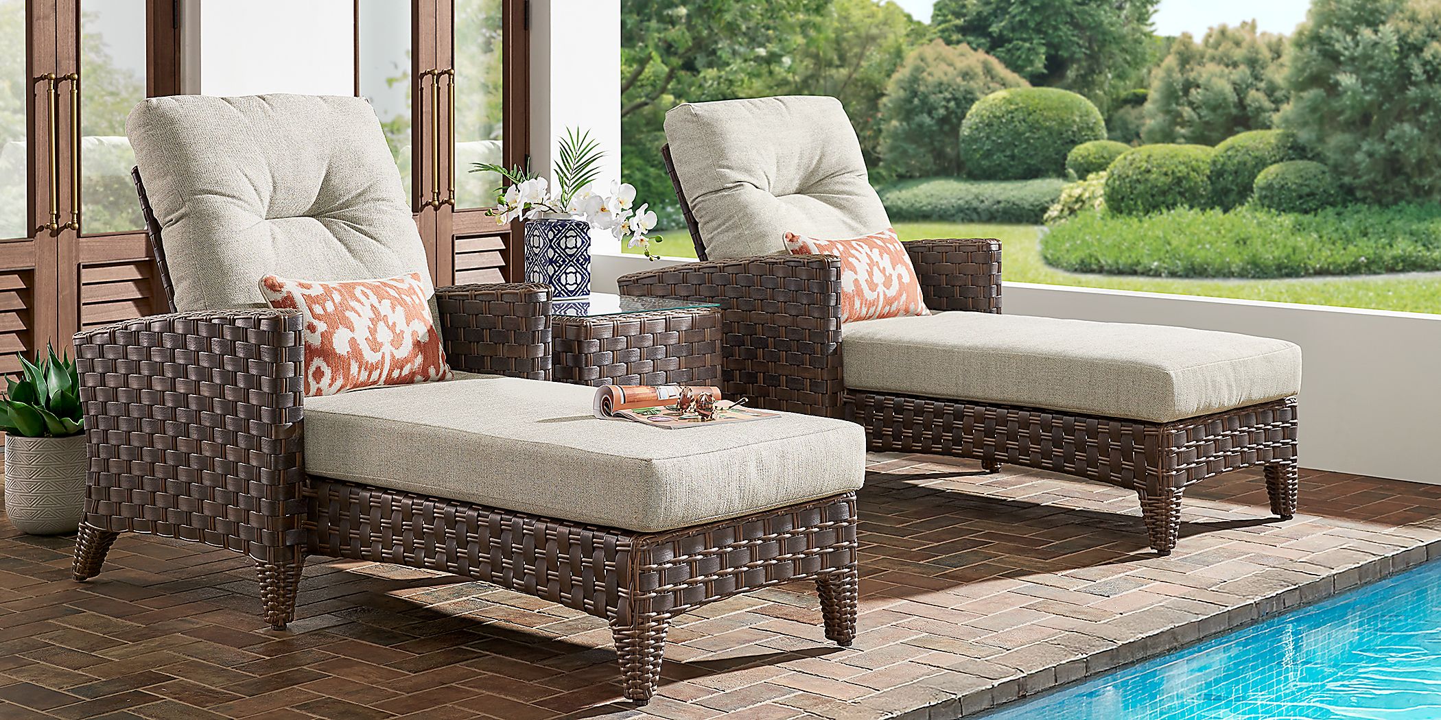 Mantra Brown Outdoor Chaise with Ash Cushions, Set of 2