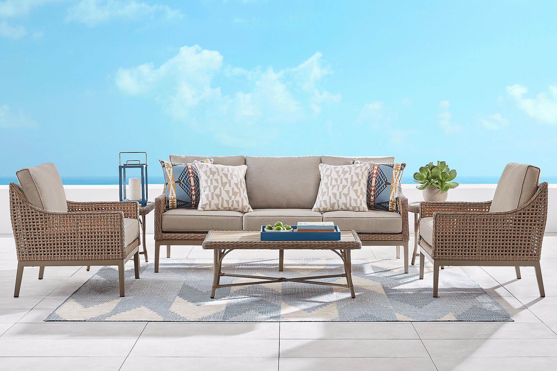 Manzanita Gray 5 Pc Outdoor Seating Set with Beige Cushions - Image 1