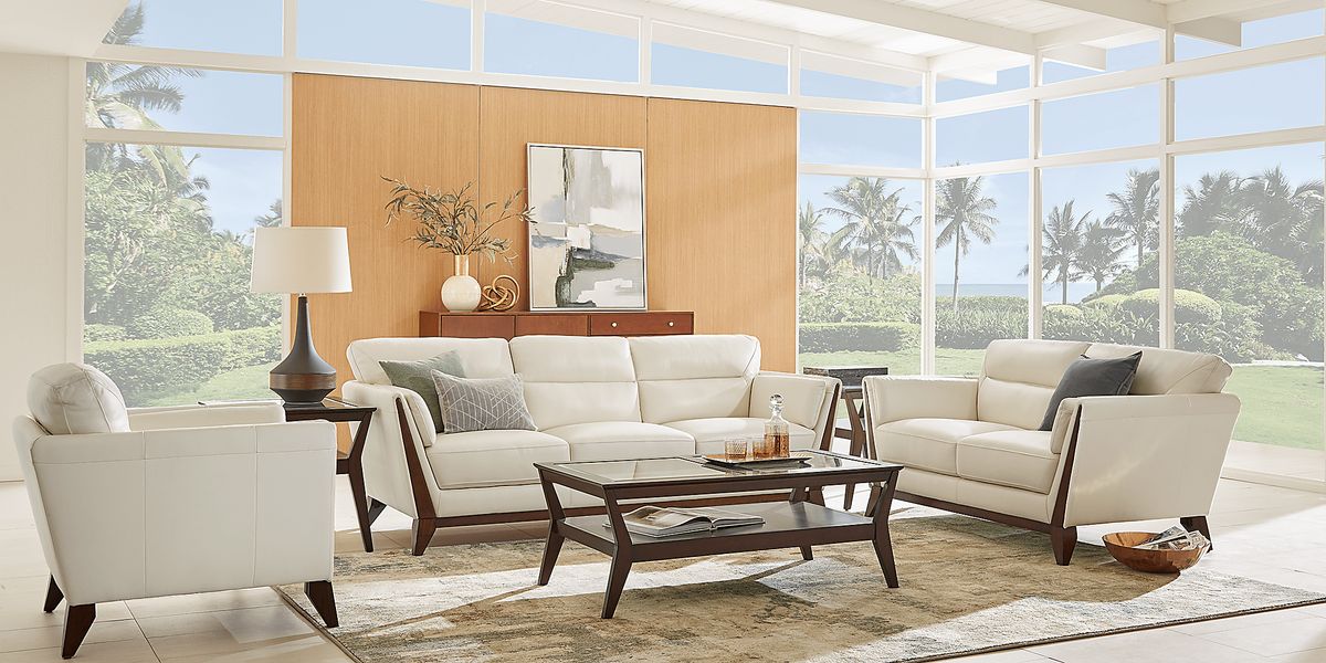 Marchese 5 Pc Ivory Beige Leather Living Room Set With Sofa, Loveseat ...