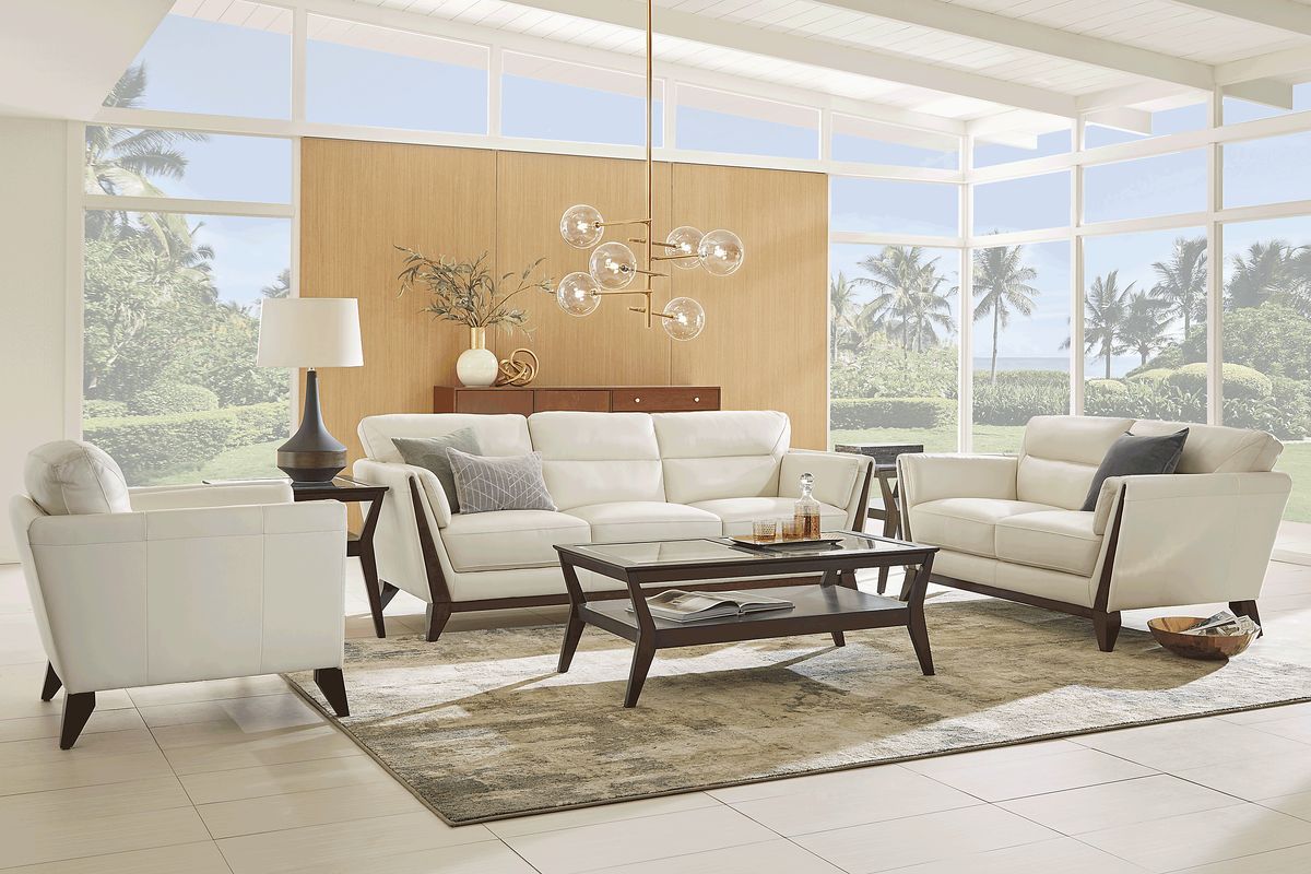 Marchese 6 Pc Ivory Beige Leather Living Room Set With Sofa, Loveseat ...