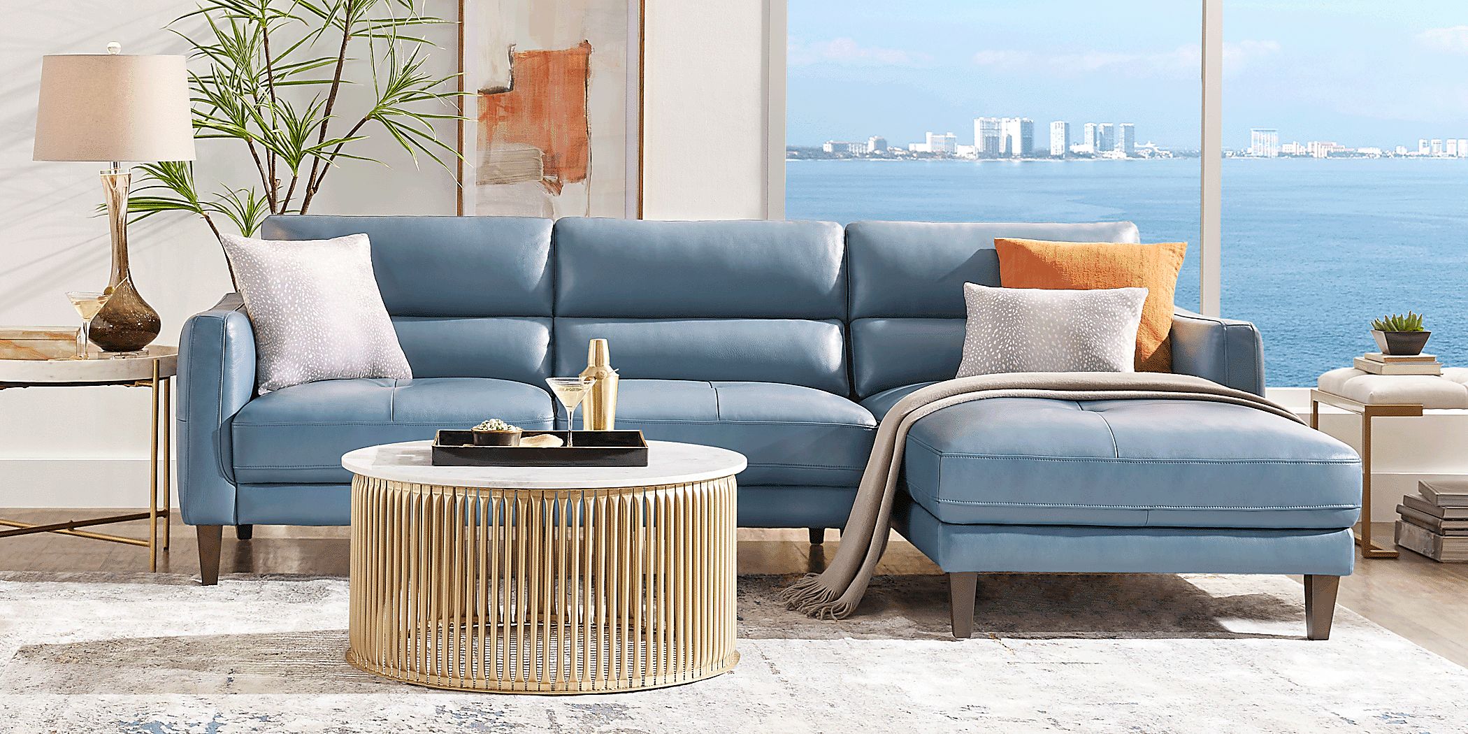 Marotta Ocean Blue Leather 2 Pc Right Arm Chaise Sectional | Rooms