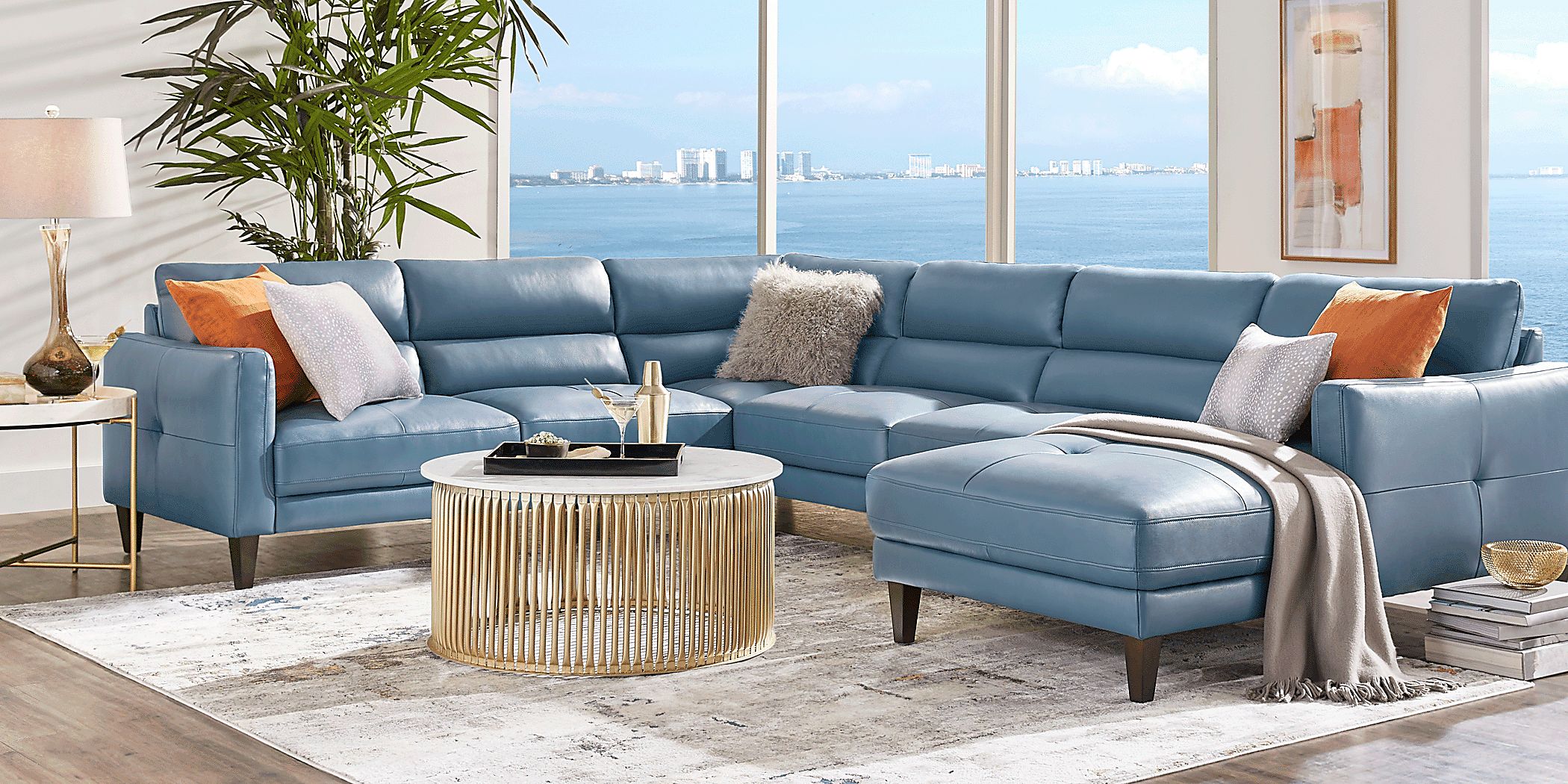 Marotta Ocean Blue Leather 4 Pc Right Arm Chaise Sectional Rooms to Go