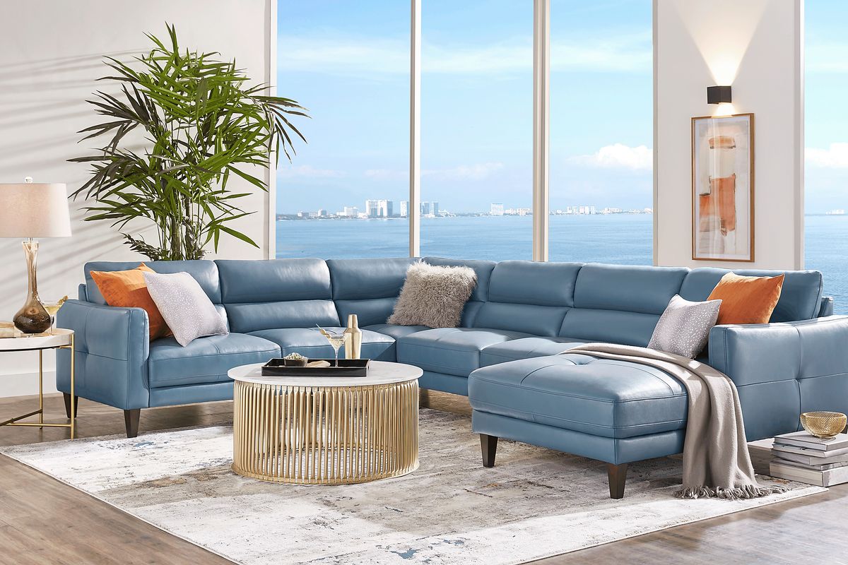 Marotta 7 Pc Ocean Blue Leather Living Room Set With 4 Pc Right Arm ...