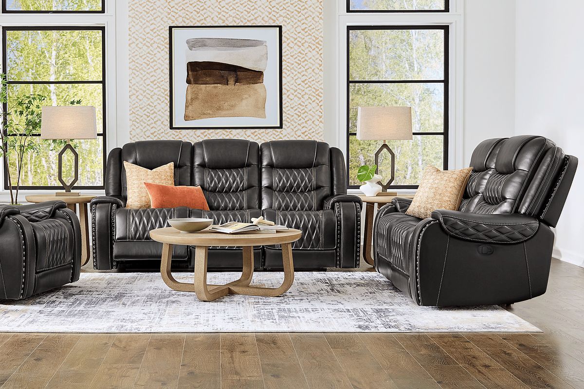 Marquee Black Leather 5 Pc Triple Power Reclining Living Room with Reclining Loveseat