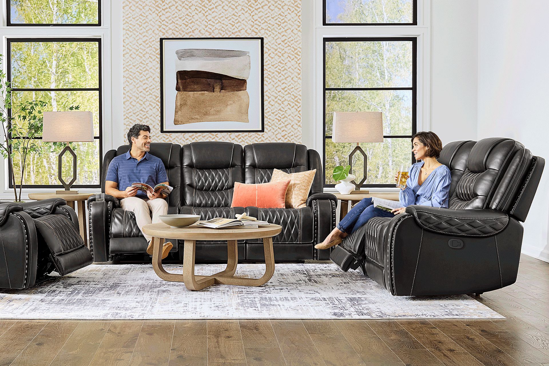 Marquee Black Leather 7 Pc Triple Power Reclining Living Room with Reclining Loveseat - Image 2