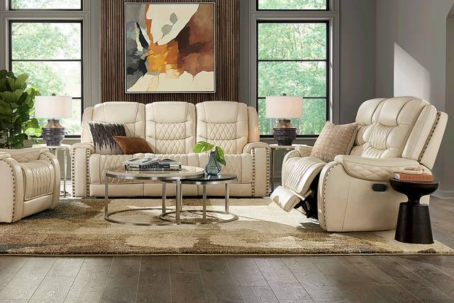 Marquee Cream 2 Pc Leather Triple Power Living Room with Reclining Loveseat - Thumbnail - Image 1