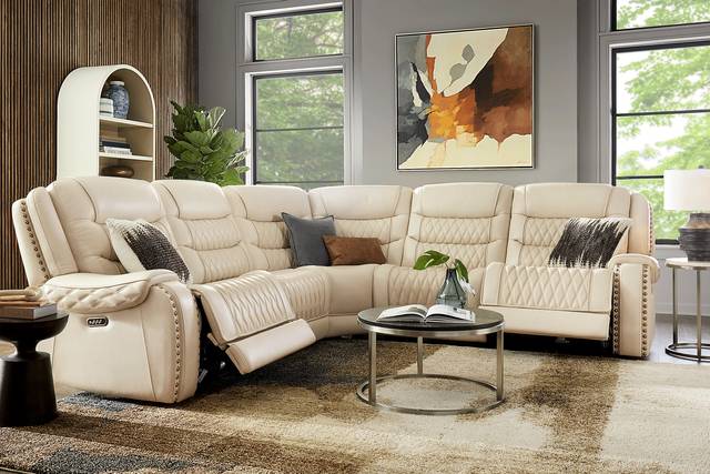 Marquee Cream 5 Pc Leather Triple Power Reclining Sectional - Thumbnail - Image 2