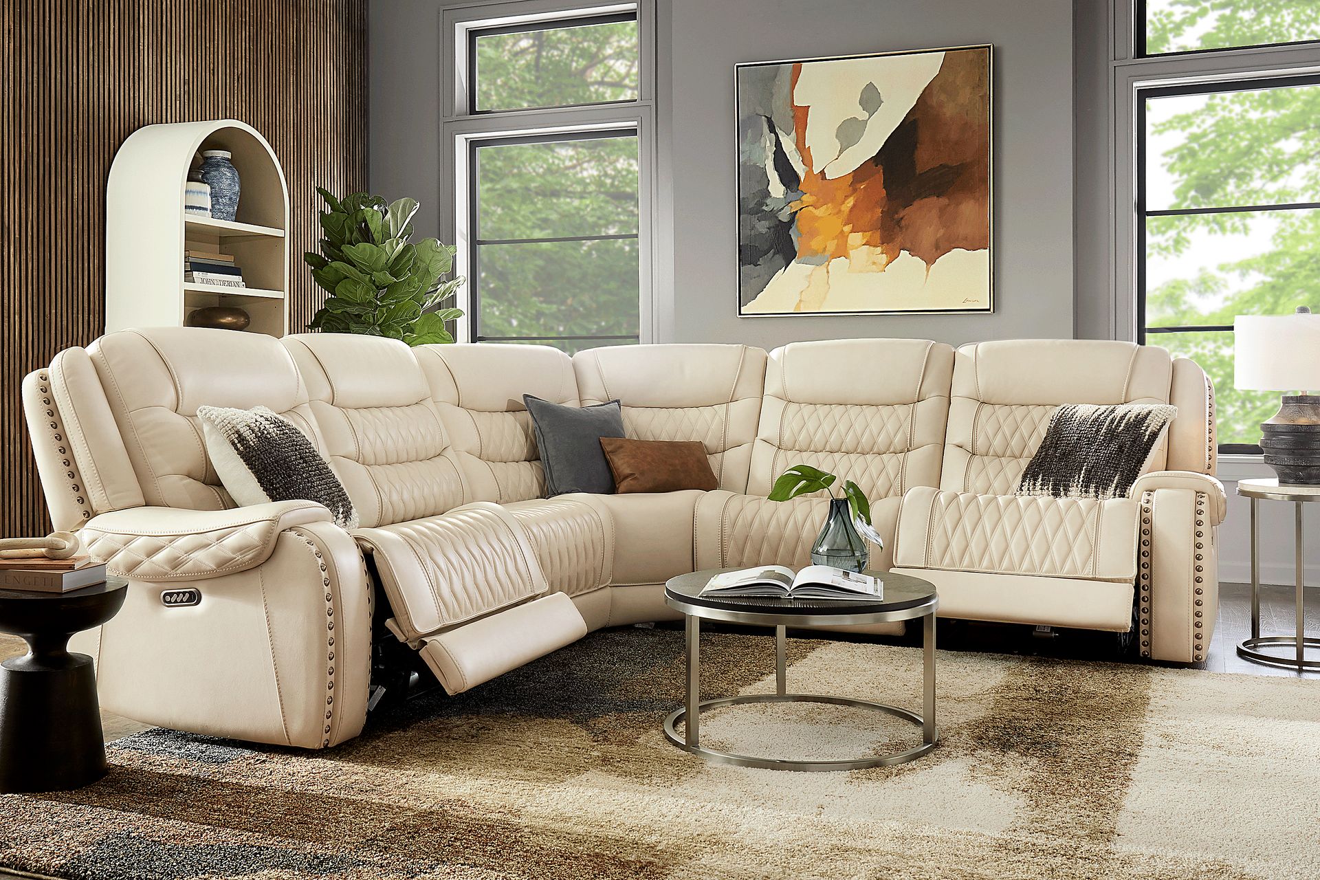 Marquee Cream 5 Pc Leather Triple Power Reclining Sectional - Image 2