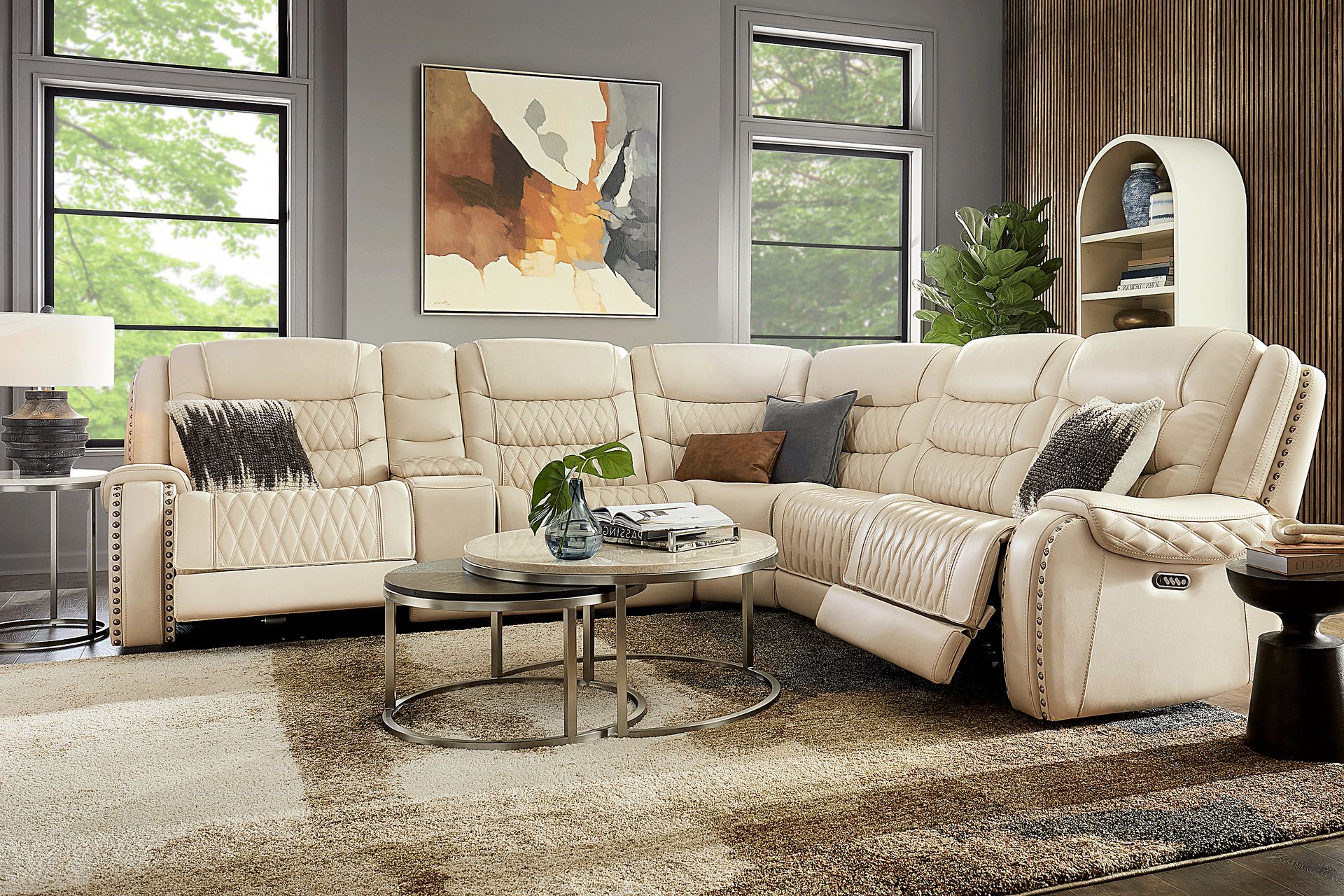Marquee Cream 6 Pc Leather Triple Power Reclining Sectional - Image 2