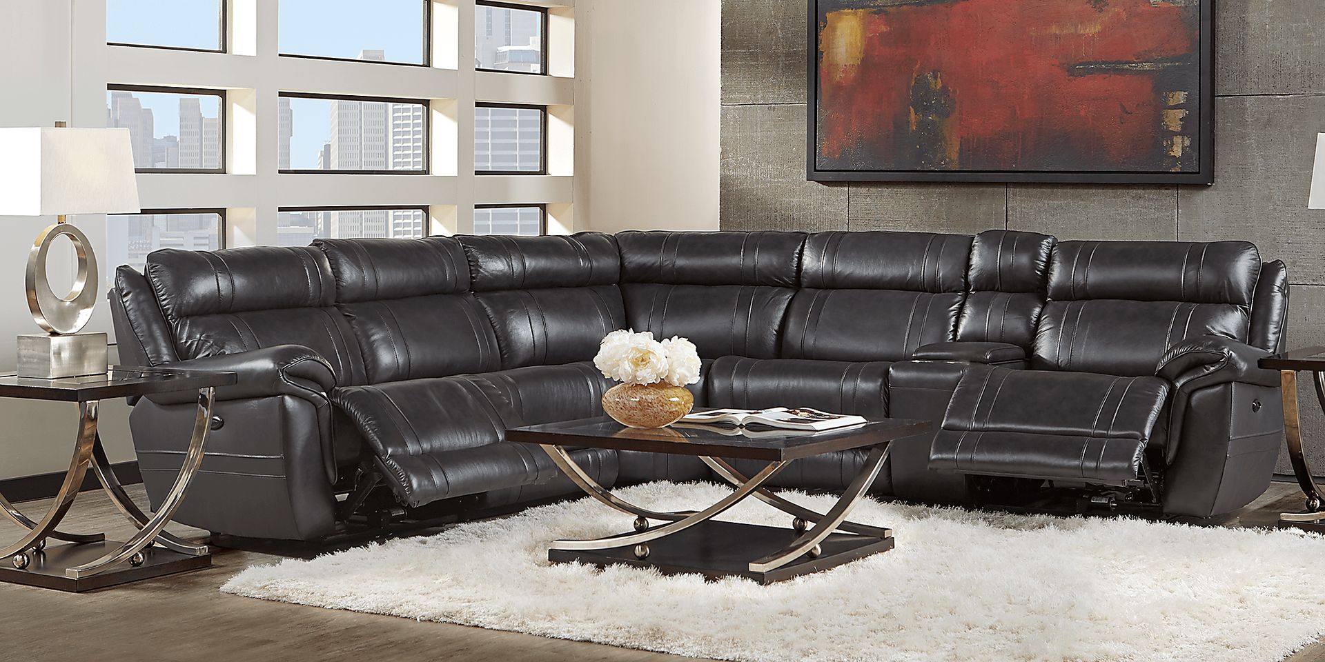Martino Black 6 Pc Leather Power Reclining Sectional - Image 2